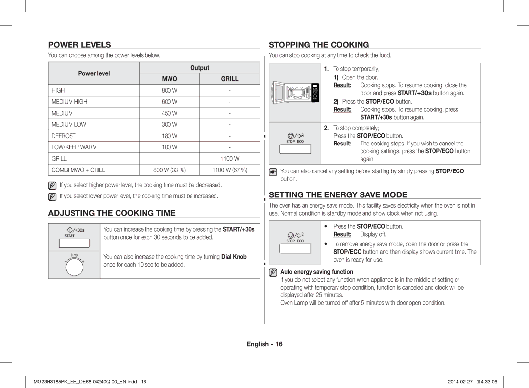 Samsung MG23H3185PK/EE manual Power Levels, Adjusting the Cooking Time, Stopping the Cooking, Setting the Energy Save Mode 