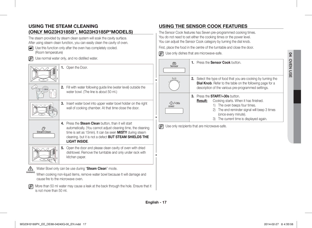 Samsung MG23H3185PK/EE manual Using the Steam Cleaning, Using the Sensor Cook Features, Press the Sensor Cook button 