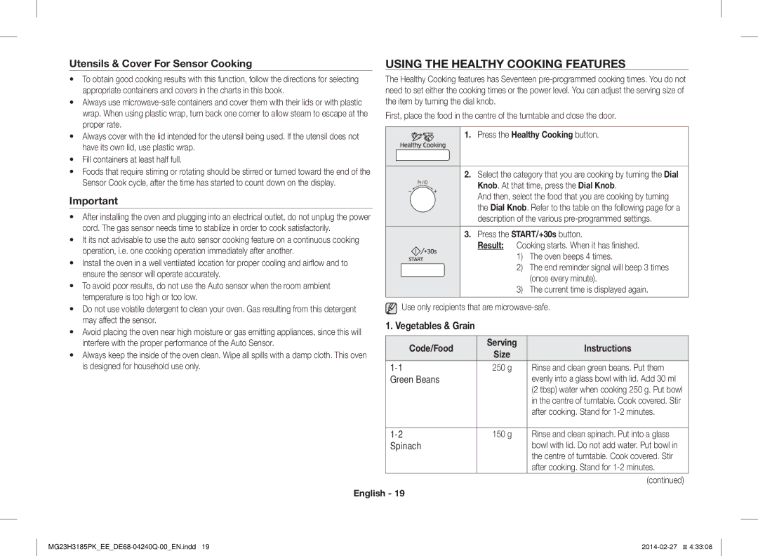 Samsung MG23H3185PK/EE manual Using the Healthy Cooking Features, Utensils & Cover For Sensor Cooking, Vegetables & Grain 