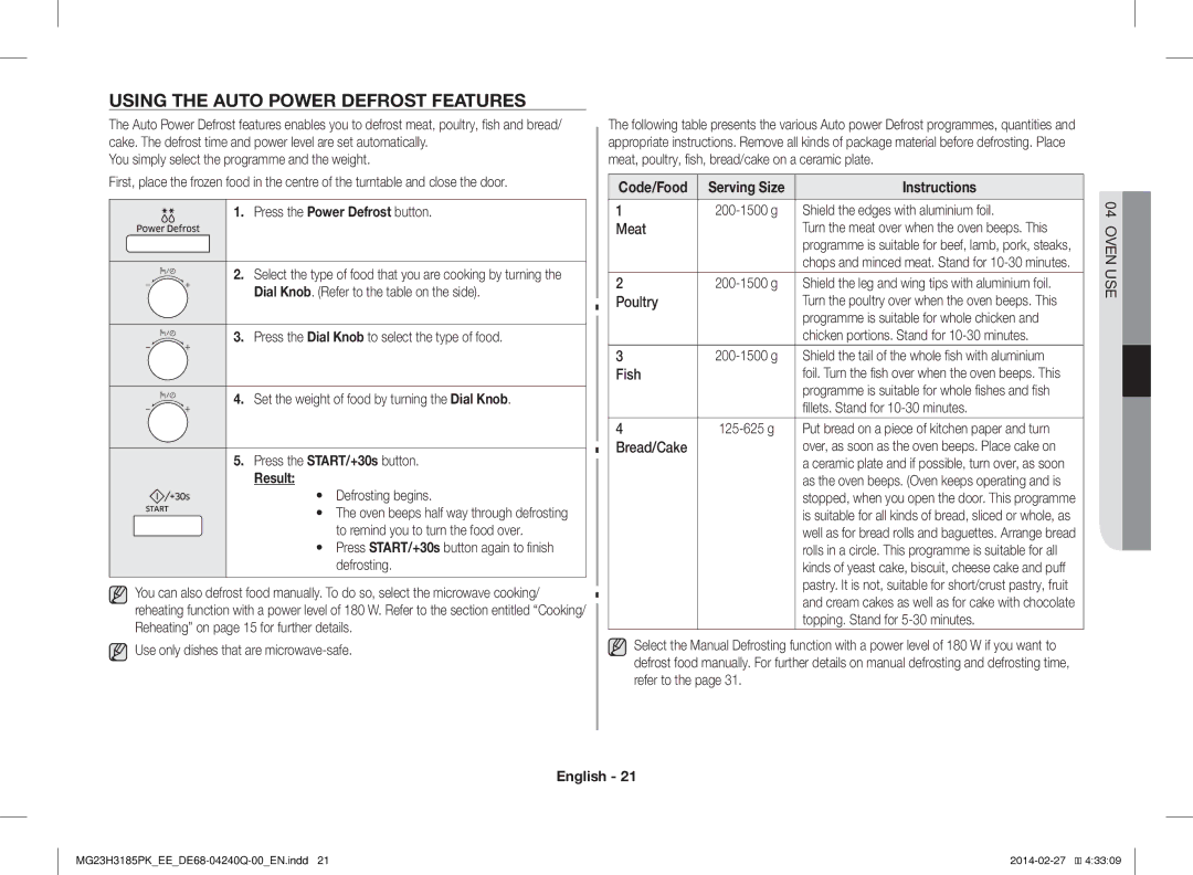 Samsung MG23H3185PK/EE manual Using the Auto Power Defrost Features, Press the Power Defrost button, Result 