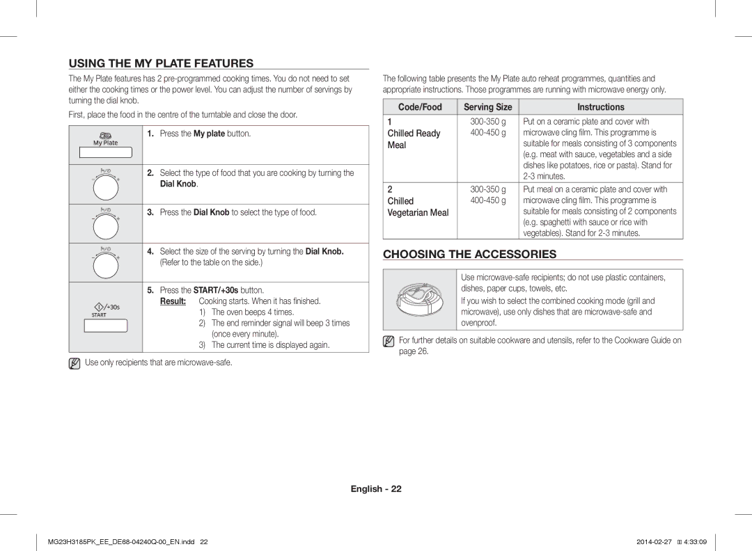 Samsung MG23H3185PK/EE manual Using the MY Plate Features, Choosing the Accessories, Code/Food Serving Size Instructions 