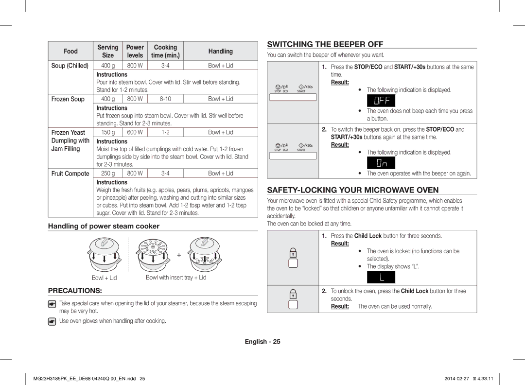 Samsung MG23H3185PK/EE manual Switching the Beeper OFF, SAFETY-LOCKING Your Microwave Oven, Handling of power steam cooker 