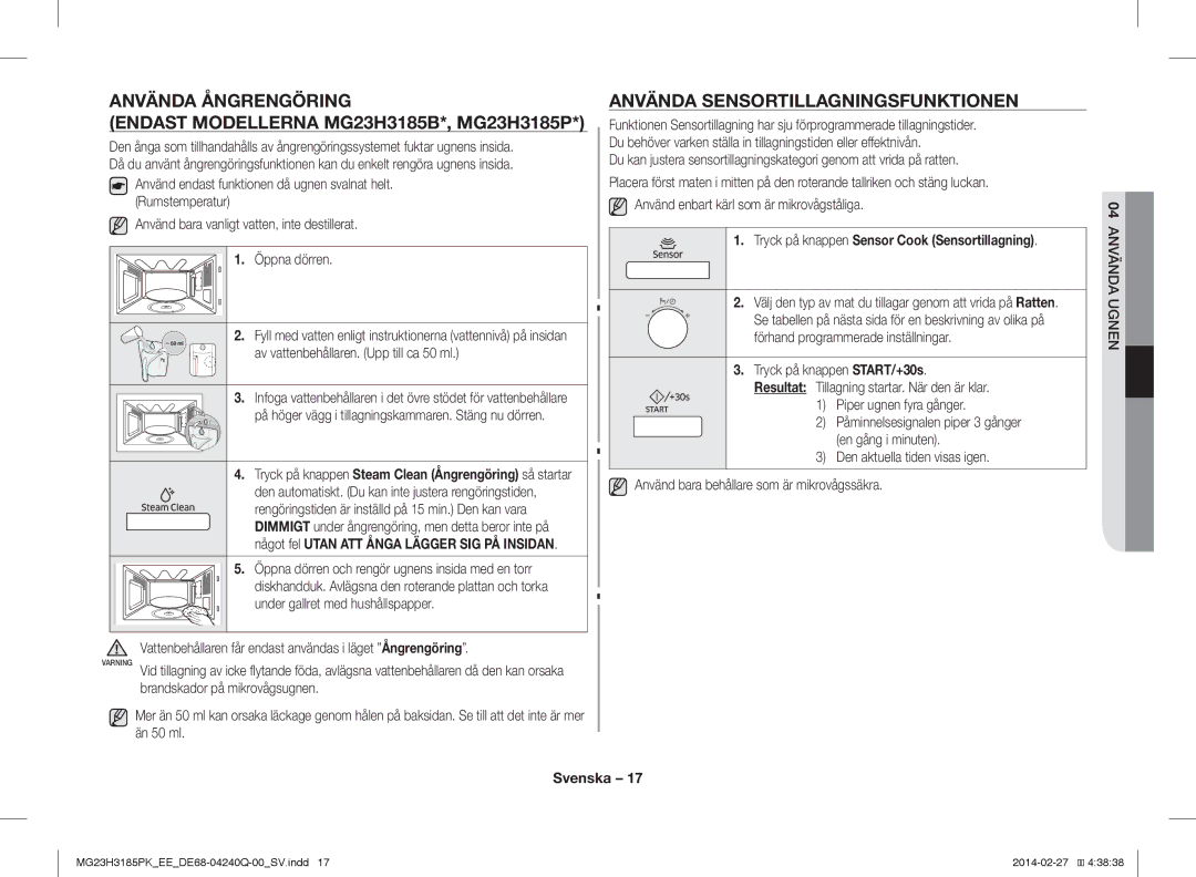 Samsung MG23H3185PK/EE manual Använda Sensortillagningsfunktionen, Använd enbart kärl som är mikrovågståliga 