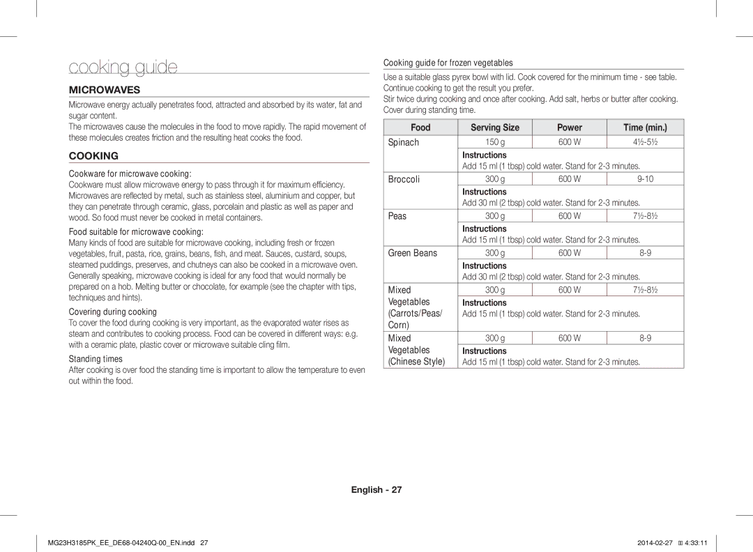 Samsung MG23H3185PK/EE manual Cooking guide, Microwaves, Food Serving Size Power Time min, Cookware Guide 