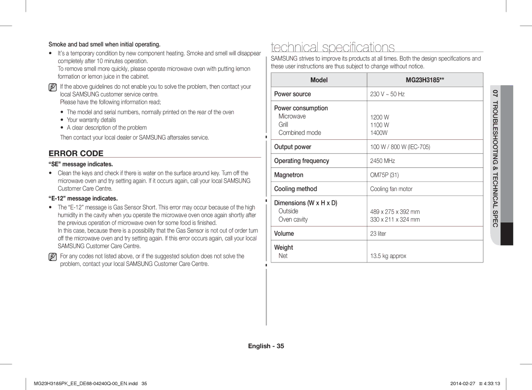 Samsung MG23H3185PK/EE manual Technical specifications, Error Code, SE message indicates, Message indicates 