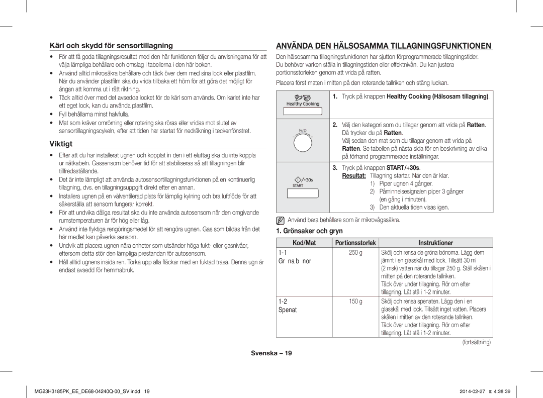 Samsung MG23H3185PK/EE manual Använda DEN Hälsosamma Tillagningsfunktionen, Kärl och skydd för sensortillagning, Viktigt 