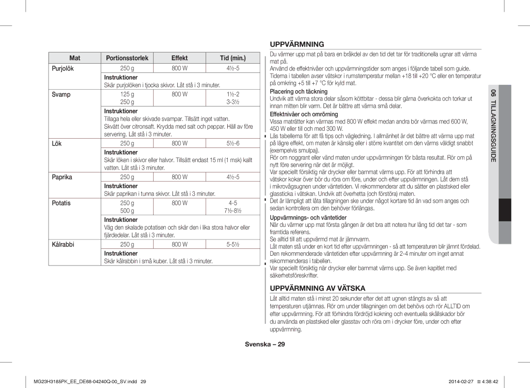 Samsung MG23H3185PK/EE manual Uppvärmning AV Vätska 