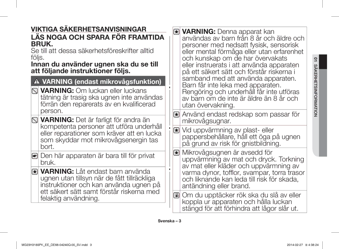 Samsung MG23H3185PK/EE manual LÄS Noga OCH Spara FÖR Framtida Bruk, 01 Säkerhetsinformation 