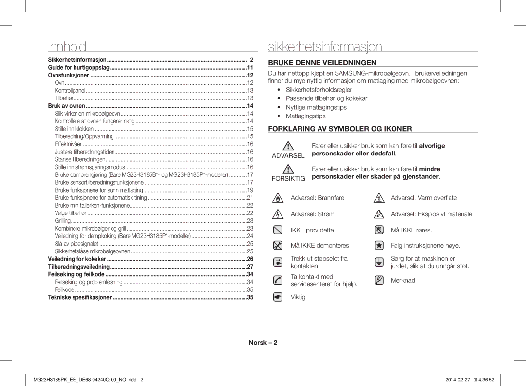 Samsung MG23H3185PK/EE Innhold, Sikkerhetsinformasjon, Bruke Denne Veiledningen, Forklaring AV Symboler OG Ikoner, Norsk 