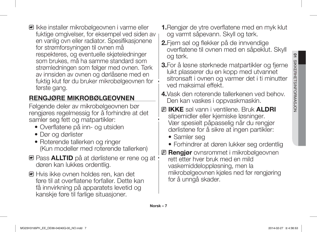 Samsung MG23H3185PK/EE manual Rengjøre Mikrobølgeovnen 