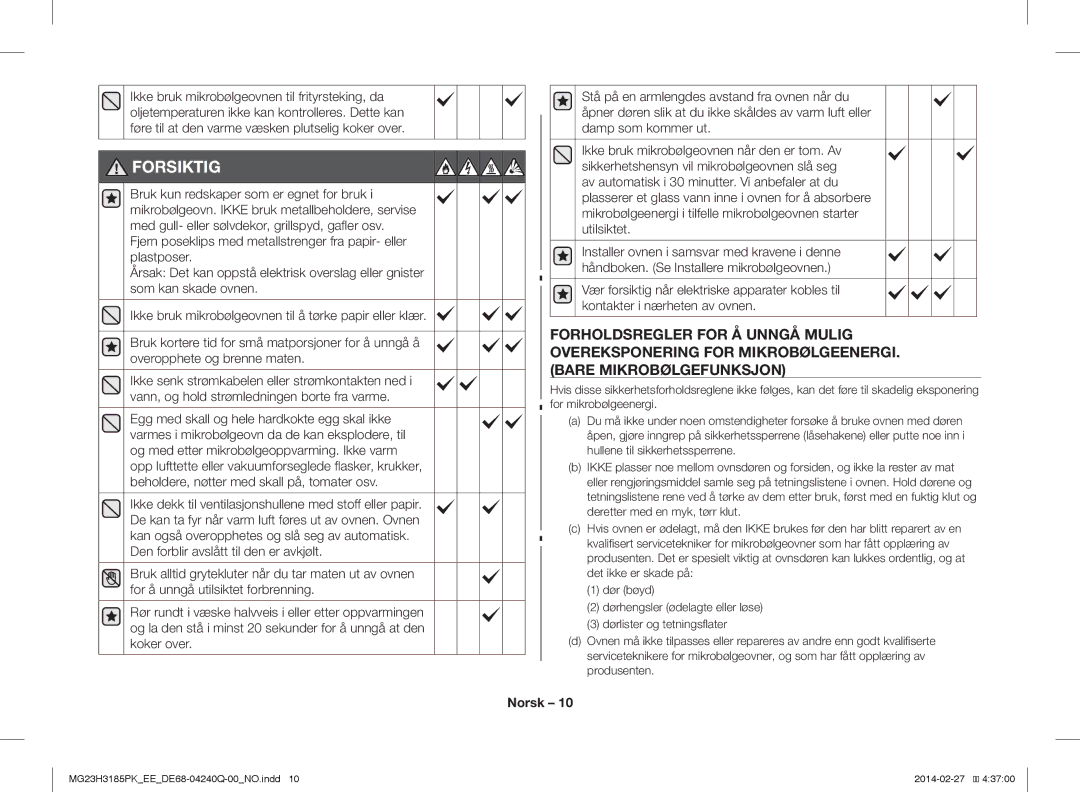 Samsung MG23H3185PK/EE manual Forsiktig 