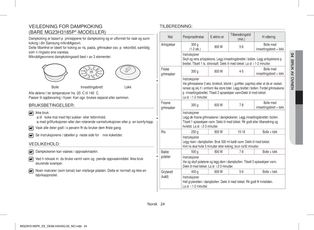 Samsung MG23H3185PK/EE Veiledning for Dampkoking Bare MG23H3185P*-MODELLER, Bruksbetingelser, Vedlikehold, Tilberedning 