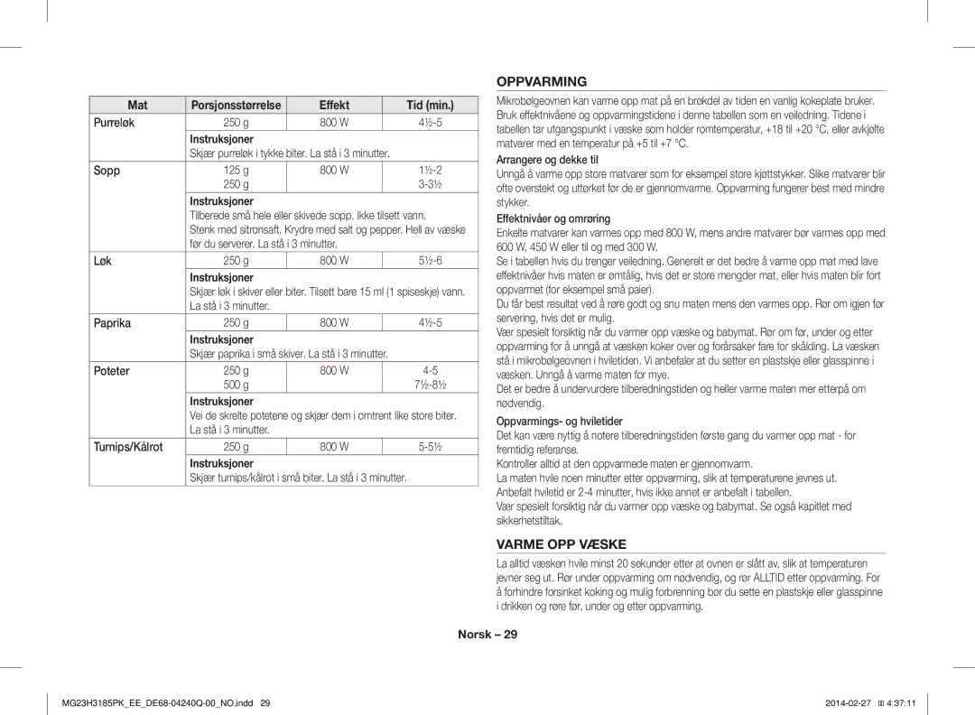 Samsung MG23H3185PK/EE manual Oppvarming, Varme OPP Væske 