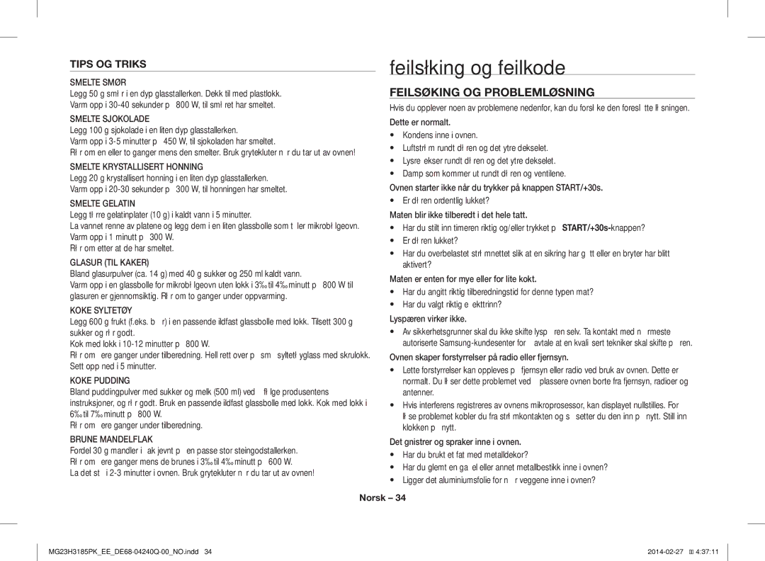 Samsung MG23H3185PK/EE manual Feilsøking og feilkode, Feilsøking OG Problemløsning, Tips OG Triks 