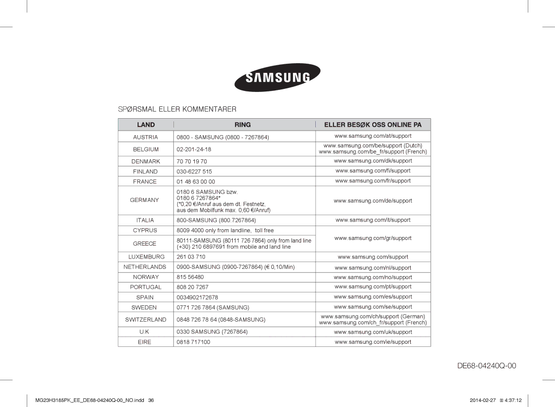 Samsung MG23H3185PK/EE manual DE68-04240Q-00 