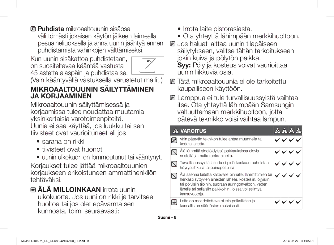 Samsung MG23H3185PK/EE manual Mikroaaltouunin Säilyttäminen JA Korjaaminen, Varoitus 