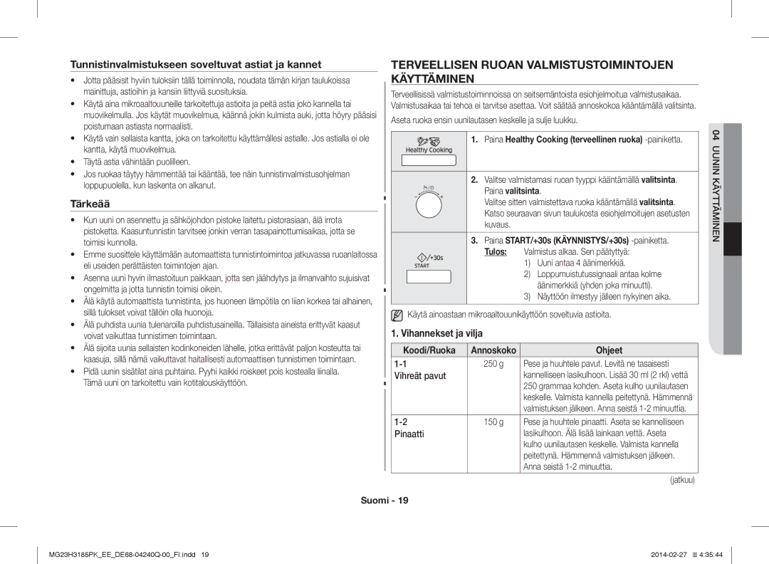 Samsung MG23H3185PK/EE manual Terveellisen Ruoan Valmistustoimintojen Käyttäminen, Tärkeää, Vihannekset ja vilja 