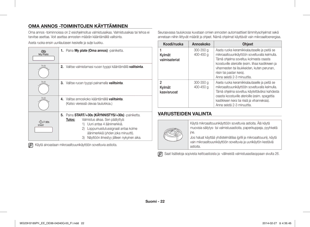 Samsung MG23H3185PK/EE manual OMA Annos -TOIMINTOJEN Käyttäminen, Varusteiden Valinta, Paina My plate Oma annos -painiketta 