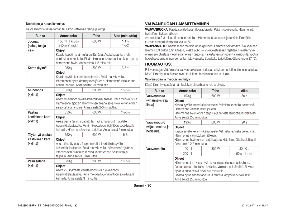 Samsung MG23H3185PW/EE manual Vauvanruoan Lämmittäminen, Huomautus 