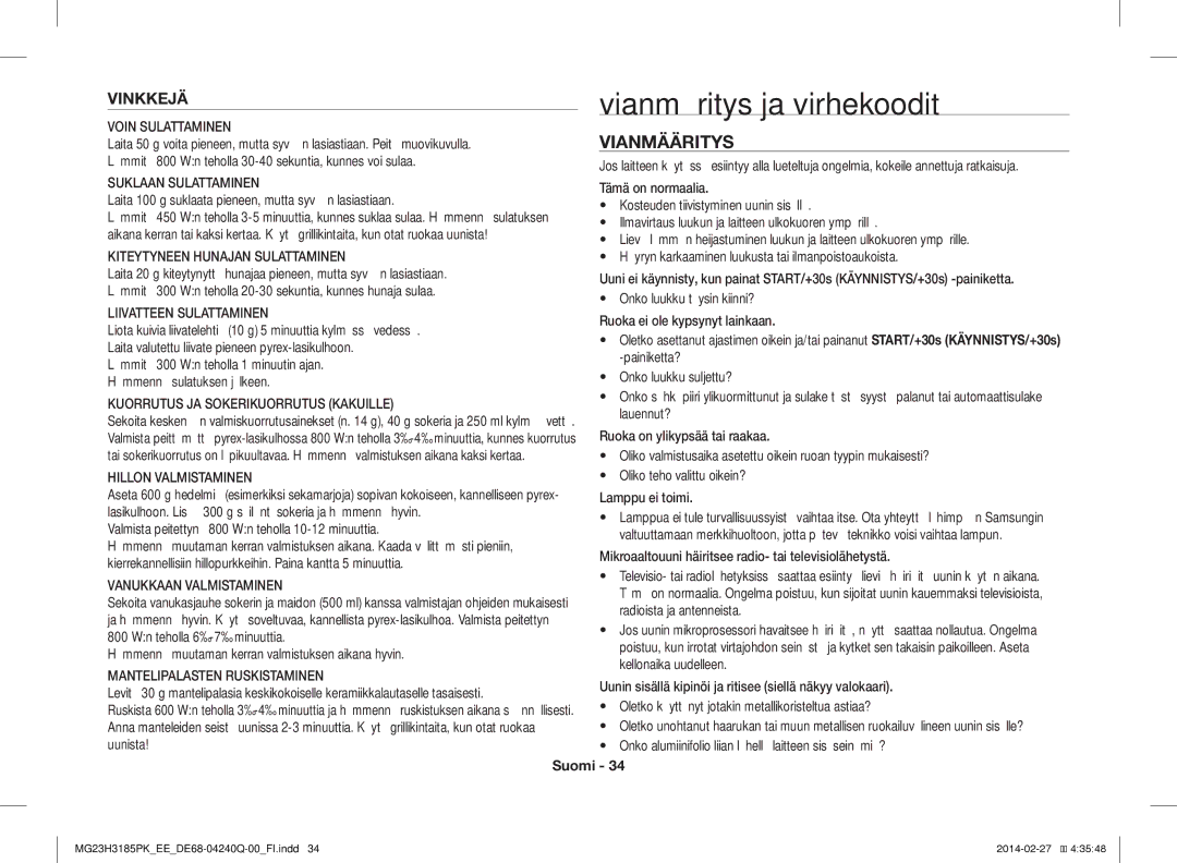 Samsung MG23H3185PW/EE manual Vianmääritys ja virhekoodit, Vinkkejä 