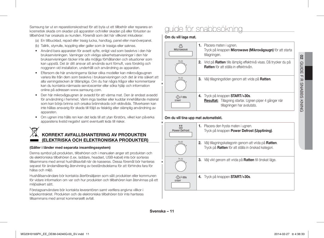 Samsung MG23H3185PW/EE manual Guide för snabbsökning, Om du vill laga mat, Om du vill tina upp mat automatiskt 