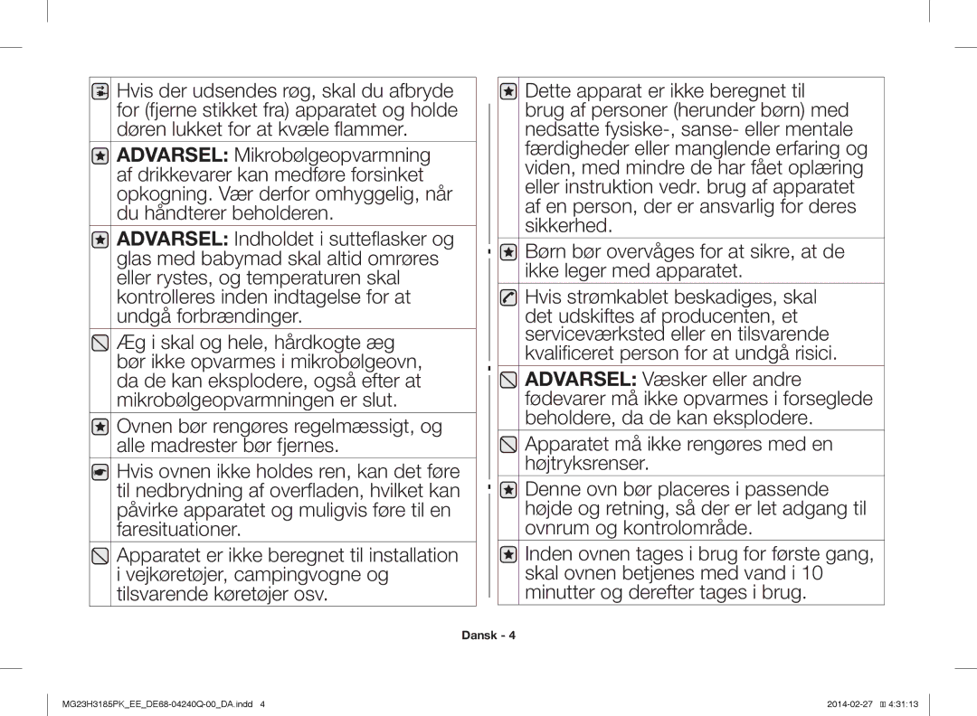 Samsung MG23H3185PW/EE manual Dansk 