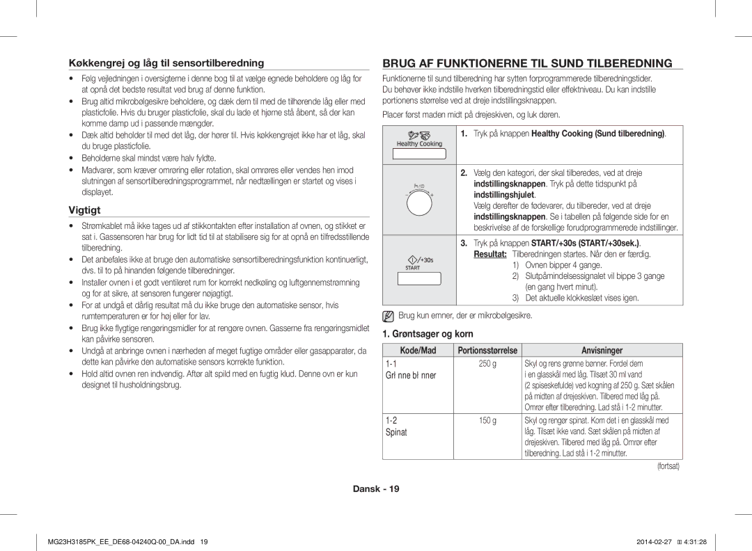 Samsung MG23H3185PW/EE manual Brug AF Funktionerne TIL Sund Tilberedning, Køkkengrej og låg til sensortilberedning, Vigtigt 