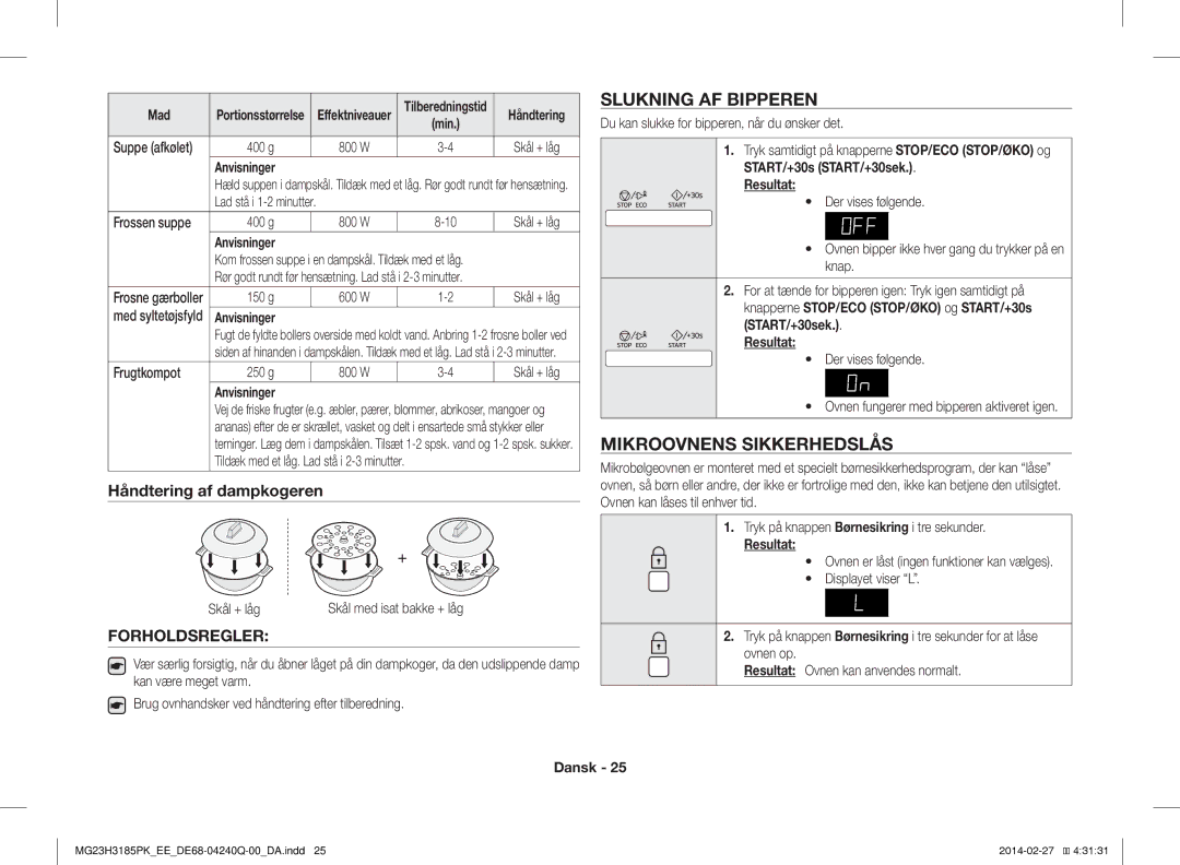 Samsung MG23H3185PW/EE manual Slukning AF Bipperen, Mikroovnens Sikkerhedslås, Håndtering af dampkogeren 