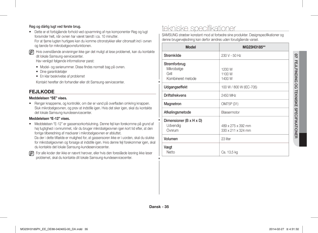 Samsung MG23H3185PW/EE Tekniske specifikationer, Fejlkode, Meddelelsen SE vises, Meddelelsen E-12 vises, Model MG23H3185 