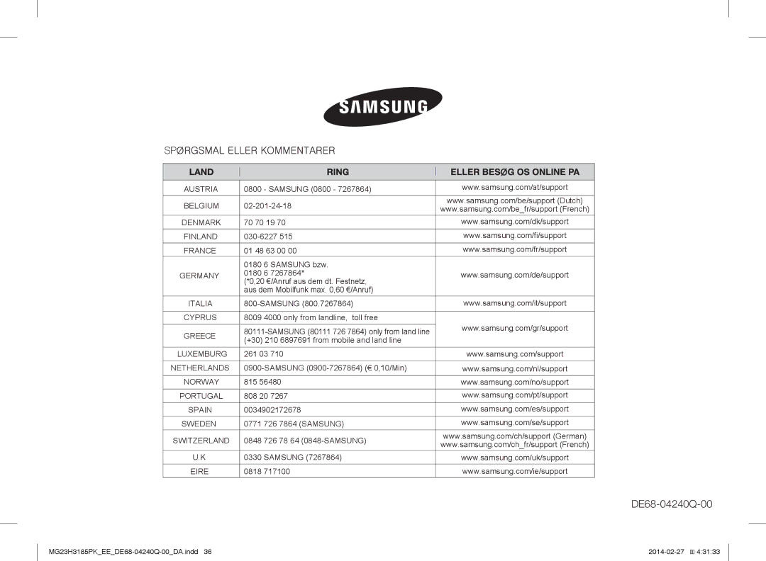 Samsung MG23H3185PW/EE manual DE68-04240Q-00 