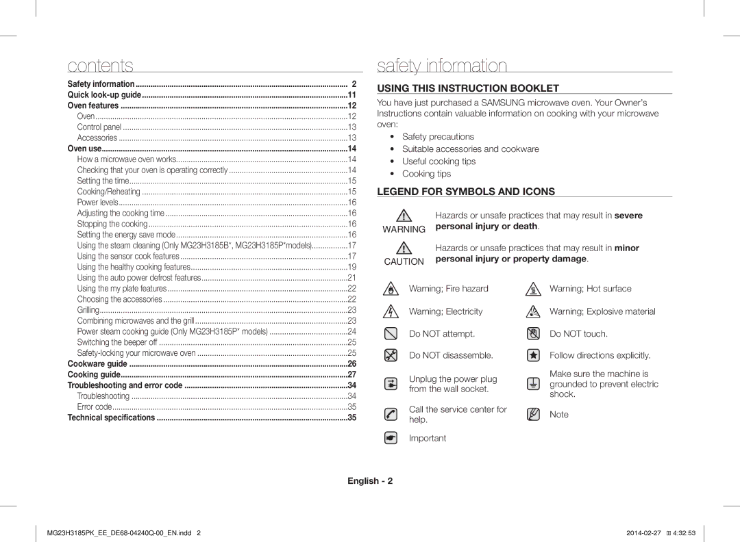 Samsung MG23H3185PW/EE manual Contents, Safety information 