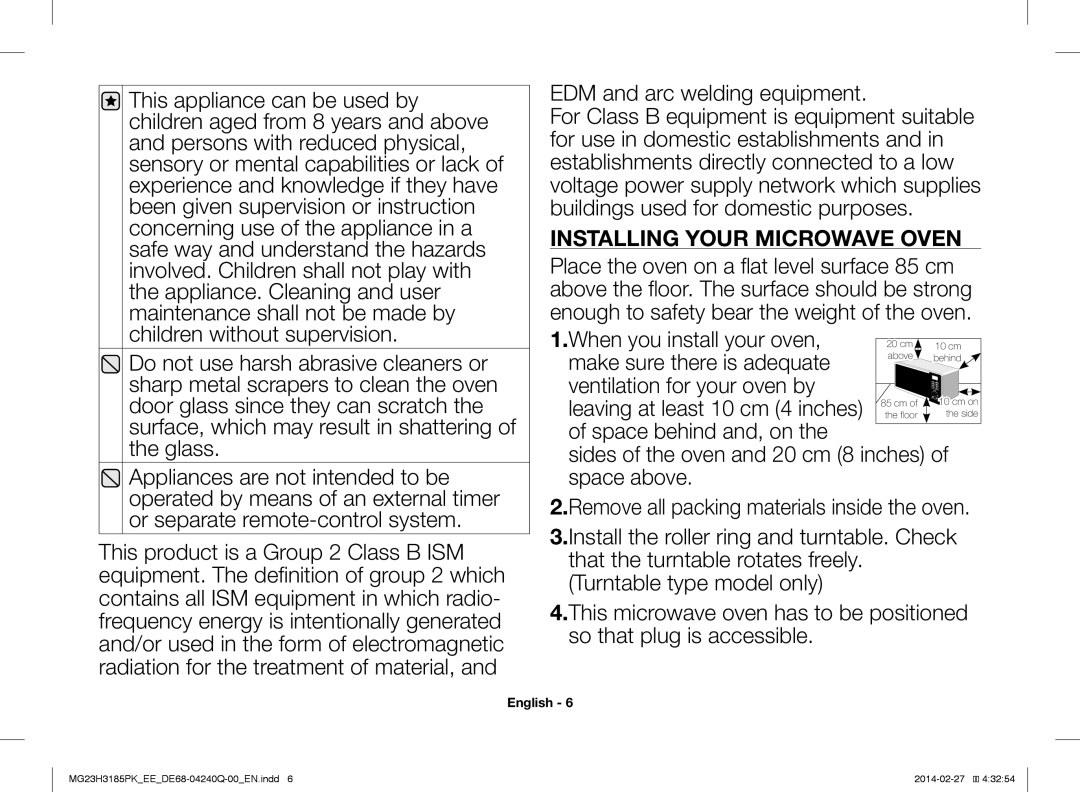 Samsung MG23H3185PW/EE manual EDM and arc welding equipment, Installing Your Microwave Oven 
