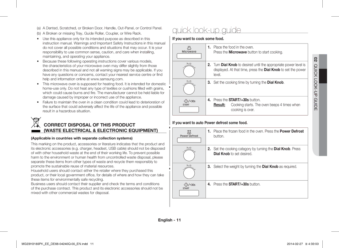 Samsung MG23H3185PW/EE manual Quick look-up guide 