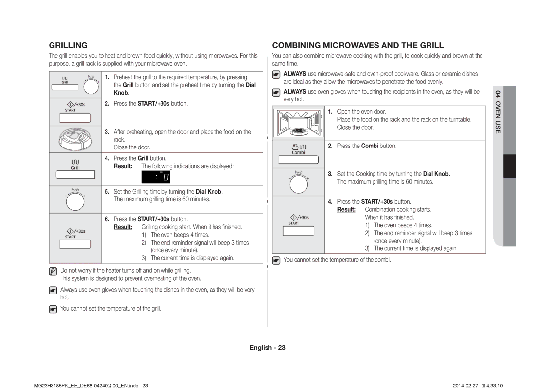 Samsung MG23H3185PW/EE manual Combining Microwaves and the Grill, Close the door Press the Combi button 