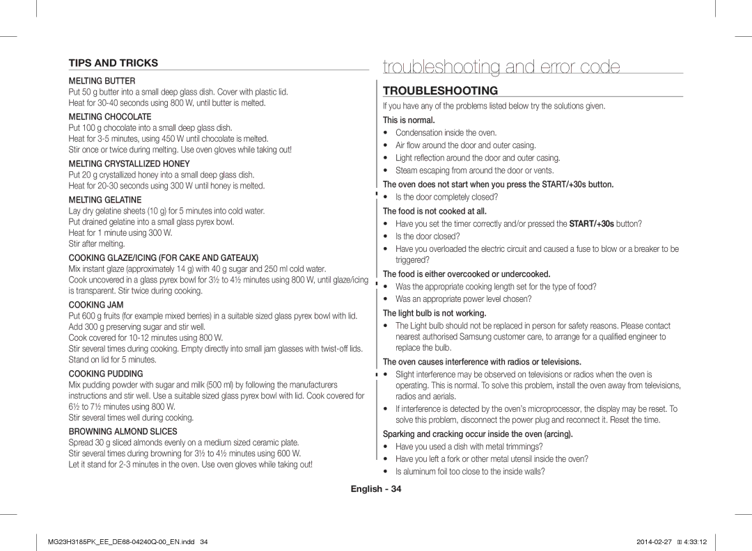 Samsung MG23H3185PW/EE manual Troubleshooting and error code, Tips and Tricks 