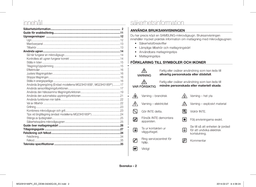 Samsung MG23H3185PW/EE manual Innehåll, Säkerhetsinformation, Använda Bruksanvisningen, Förklaring Till Symboler OCH Ikoner 