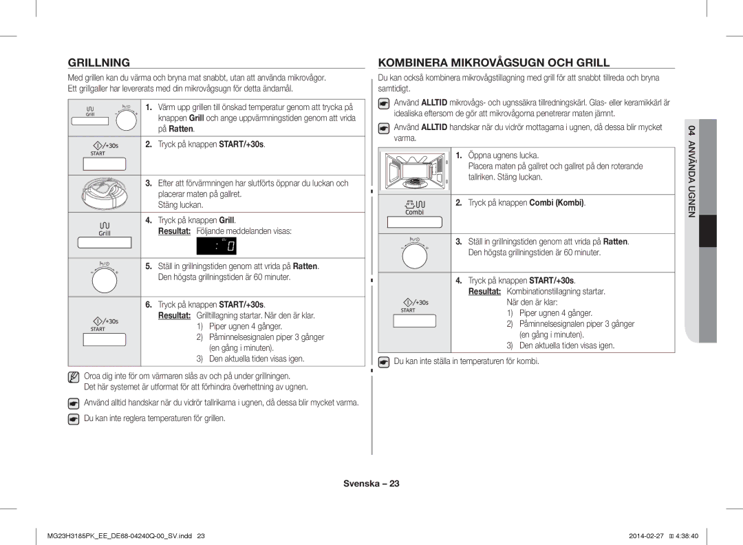 Samsung MG23H3185PW/EE manual Grillning, Kombinera Mikrovågsugn OCH Grill 