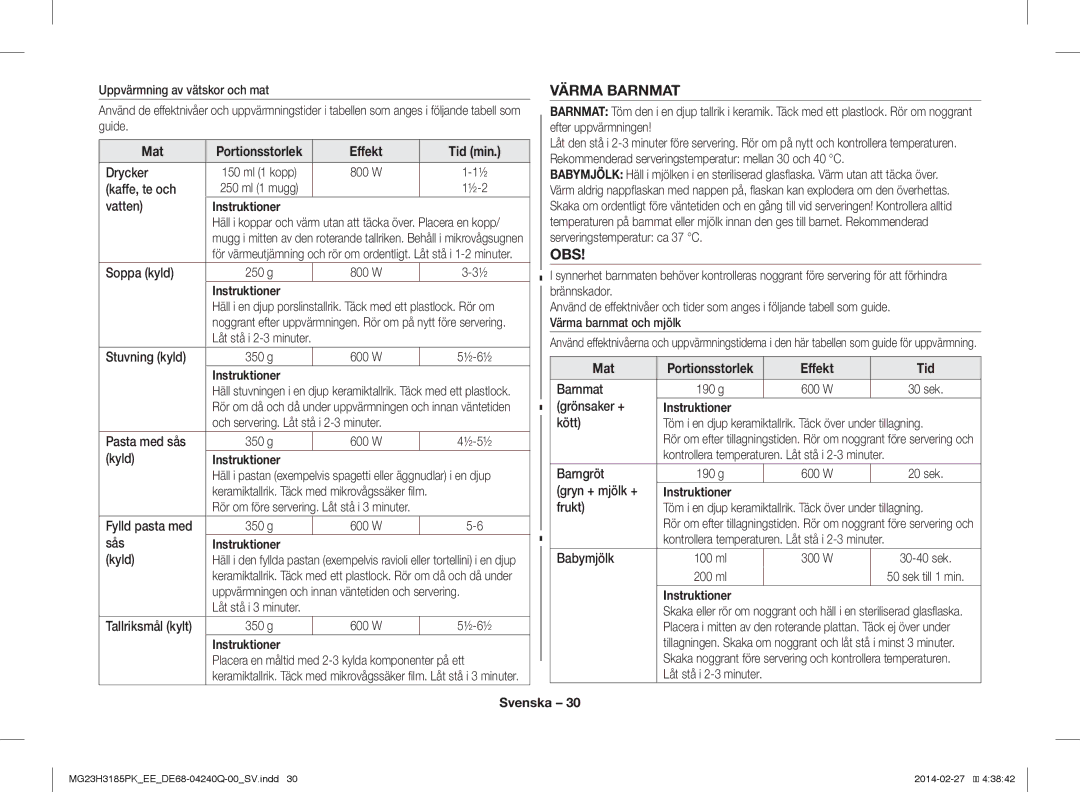 Samsung MG23H3185PW/EE manual Värma Barnmat, Obs, Effekt Tid 