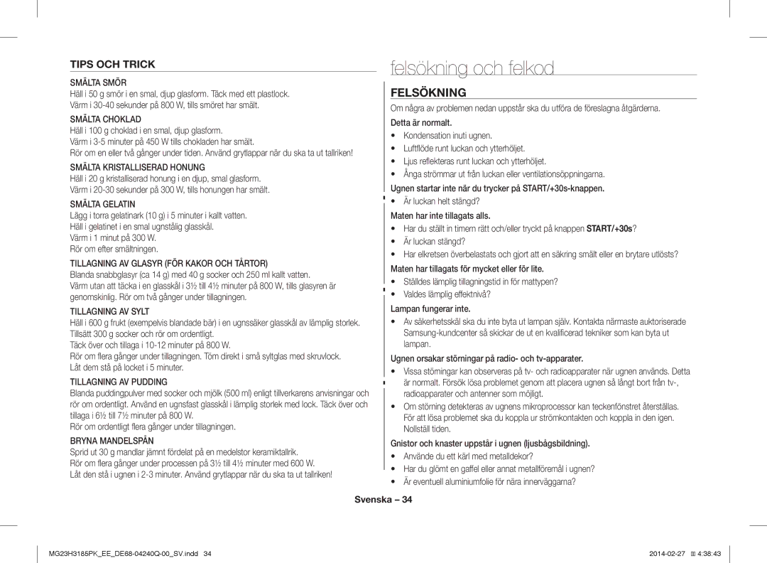 Samsung MG23H3185PW/EE manual Felsökning och felkod, Tips OCH Trick 