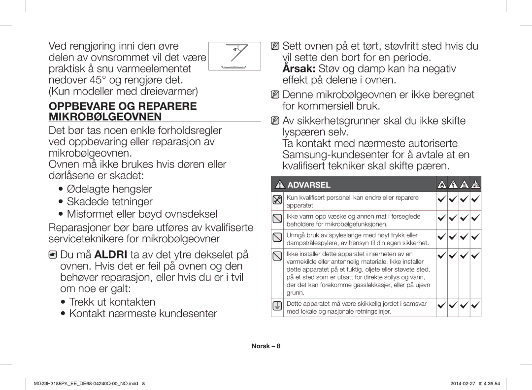 Samsung MG23H3185PW/EE Oppbevare OG Reparere Mikrobølgeovnen, Kun kvalifisert personell kan endre eller reparere apparatet 