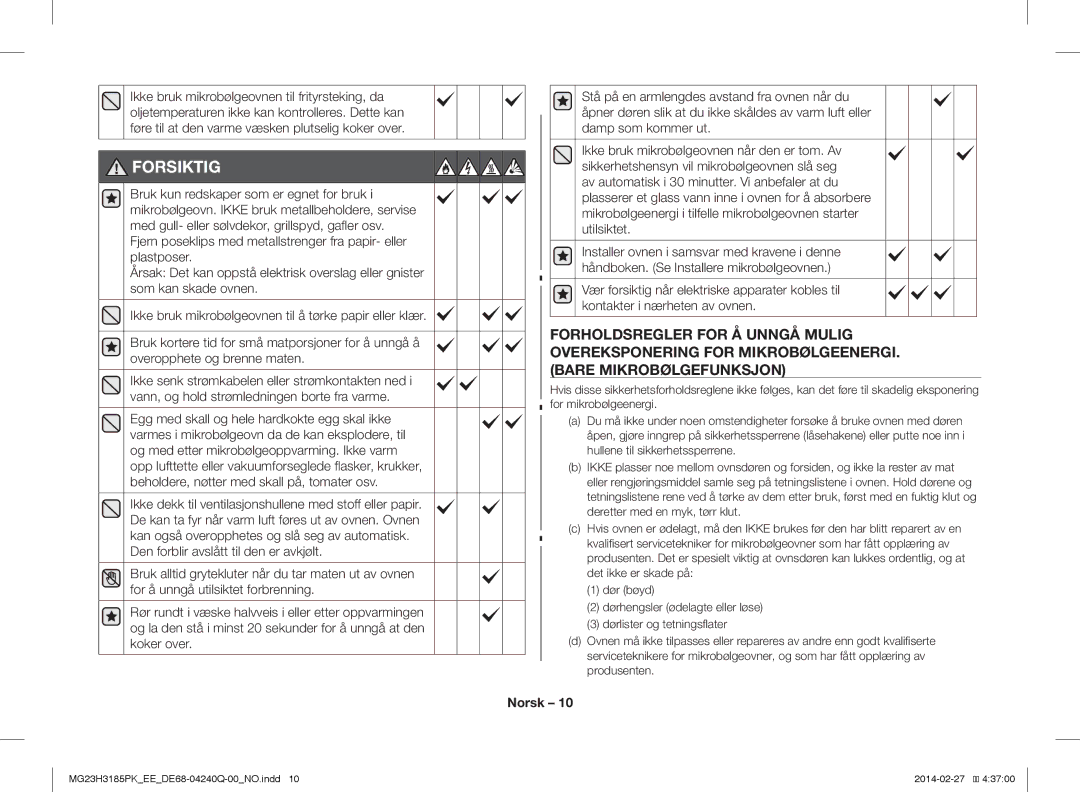Samsung MG23H3185PW/EE manual Forsiktig 
