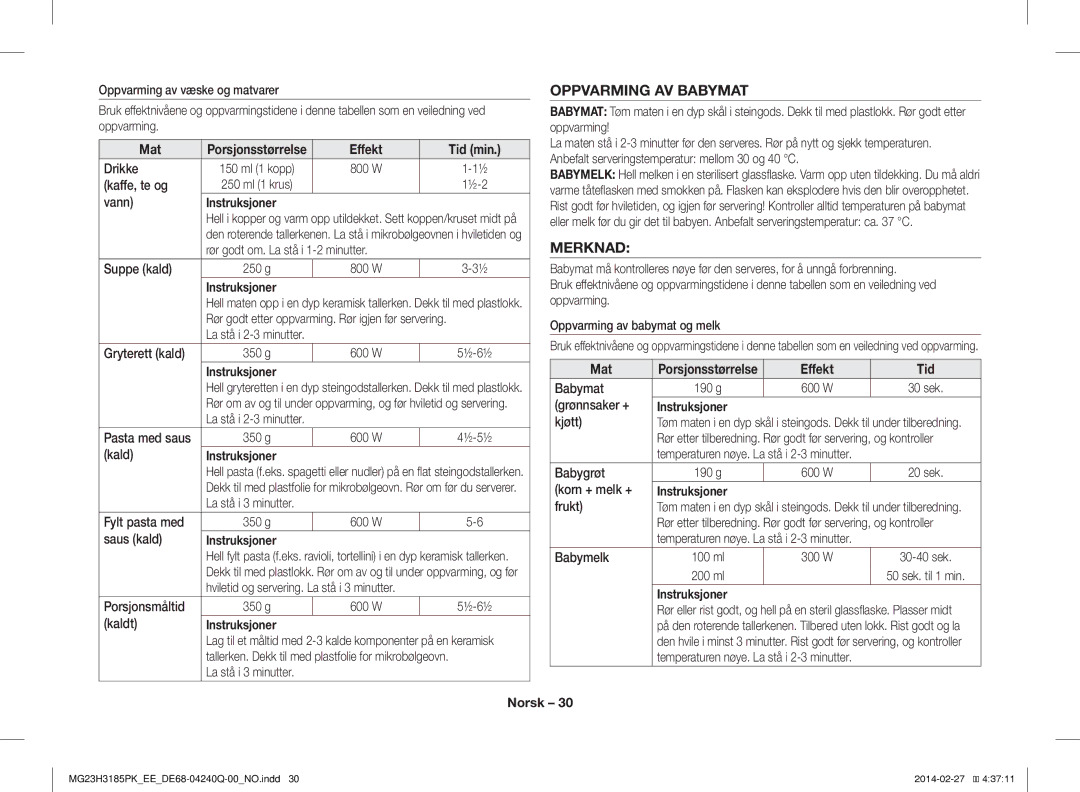 Samsung MG23H3185PW/EE manual Oppvarming AV Babymat, Merknad 