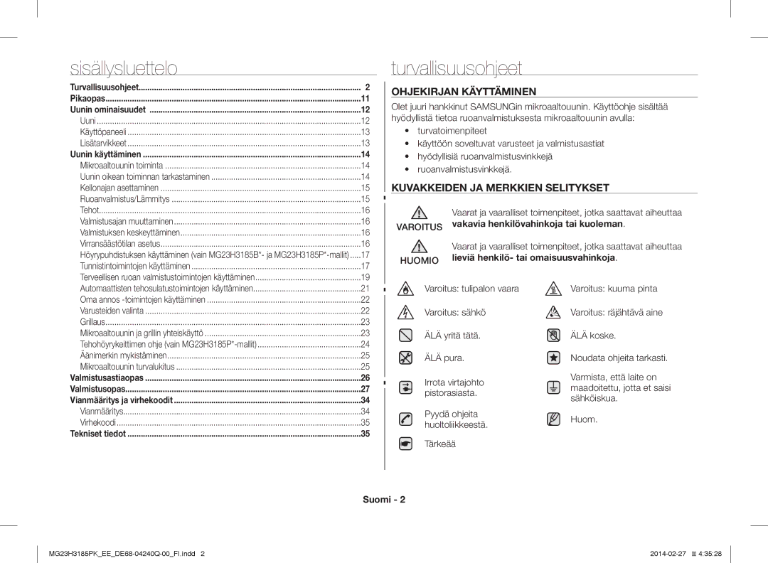 Samsung MG23H3185PW/EE Sisällysluettelo, Turvallisuusohjeet, Ohjekirjan Käyttäminen, Kuvakkeiden JA Merkkien Selitykset 