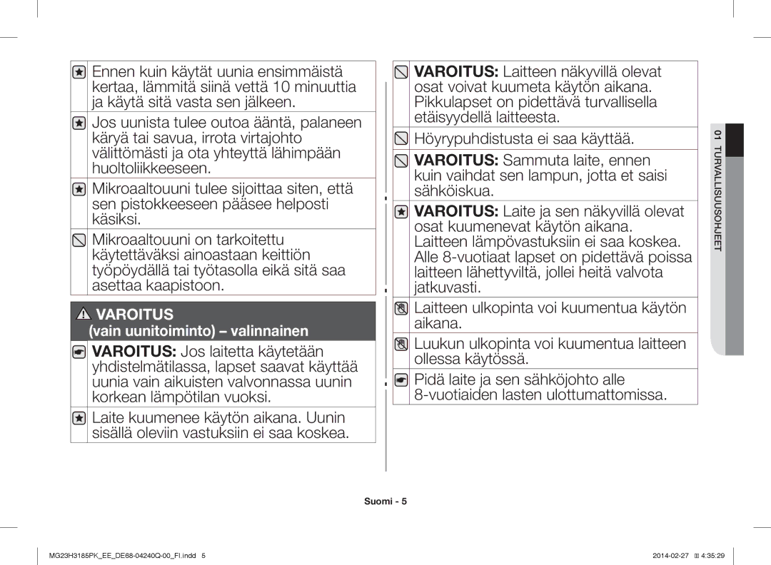 Samsung MG23H3185PW/EE manual Varoitus 