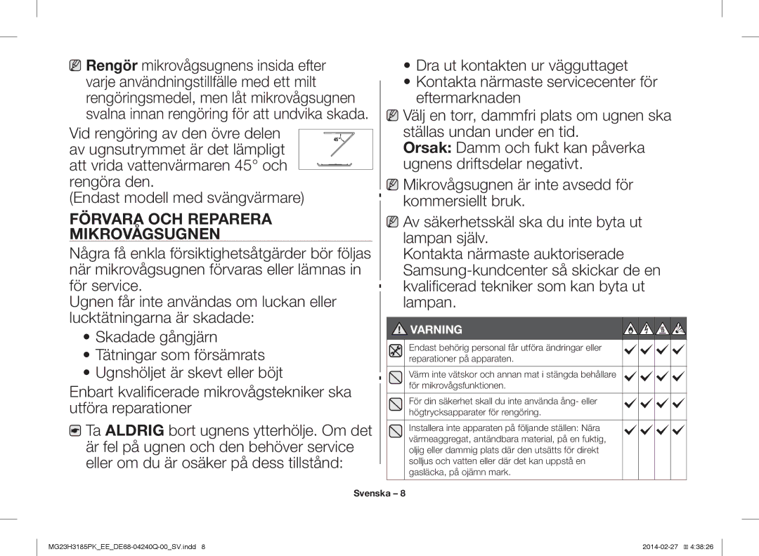 Samsung MG23H3185PW/EE manual Förvara OCH Reparera, Mikrovågsugnen 