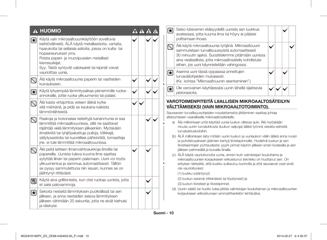 Samsung MG23H3185PW/EE manual Huomio, Jälkeen pehmeällä ja kuivalla liinalla 