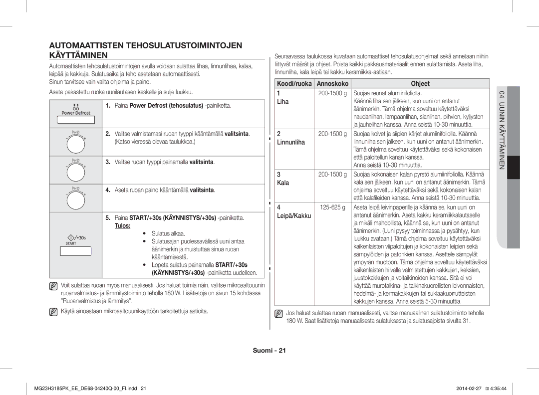 Samsung MG23H3185PW/EE Automaattisten Tehosulatustoimintojen Käyttäminen, Paina Power Defrost tehosulatus -painiketta 