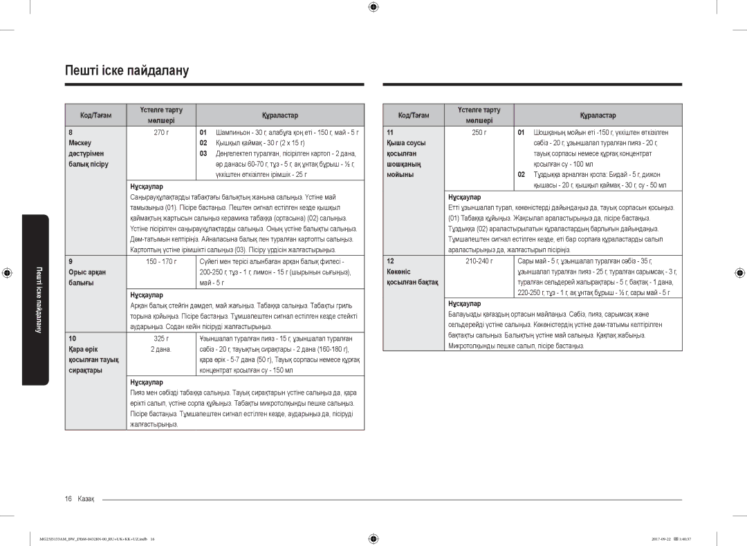 Samsung MG23J5133AM/BW manual Мәскеу Қышқыл қаймақ 30 г 2 x 15 г Дәстүрімен, Балық пісіру, Үккіштен өткізілген ірімшік 25 г 