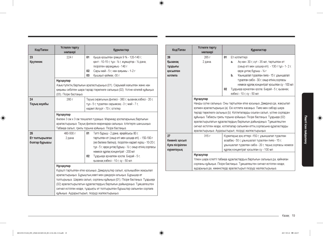 Samsung MG23J5133AM/BW manual Крупеник, Тауық кәуабы, Қызанақ, Тұздығы, Көкөніс қосып, Күркетауық 