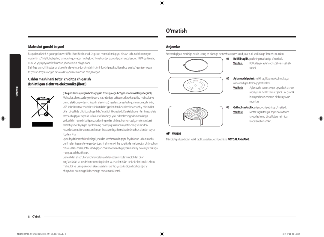 Samsung MG23J5133AM/BW manual ‘rnatish, Mahsulot guruhi bayoni, Anjomlar, Gril uchun taglik, aylanuvchi patnisga ornatiladi 